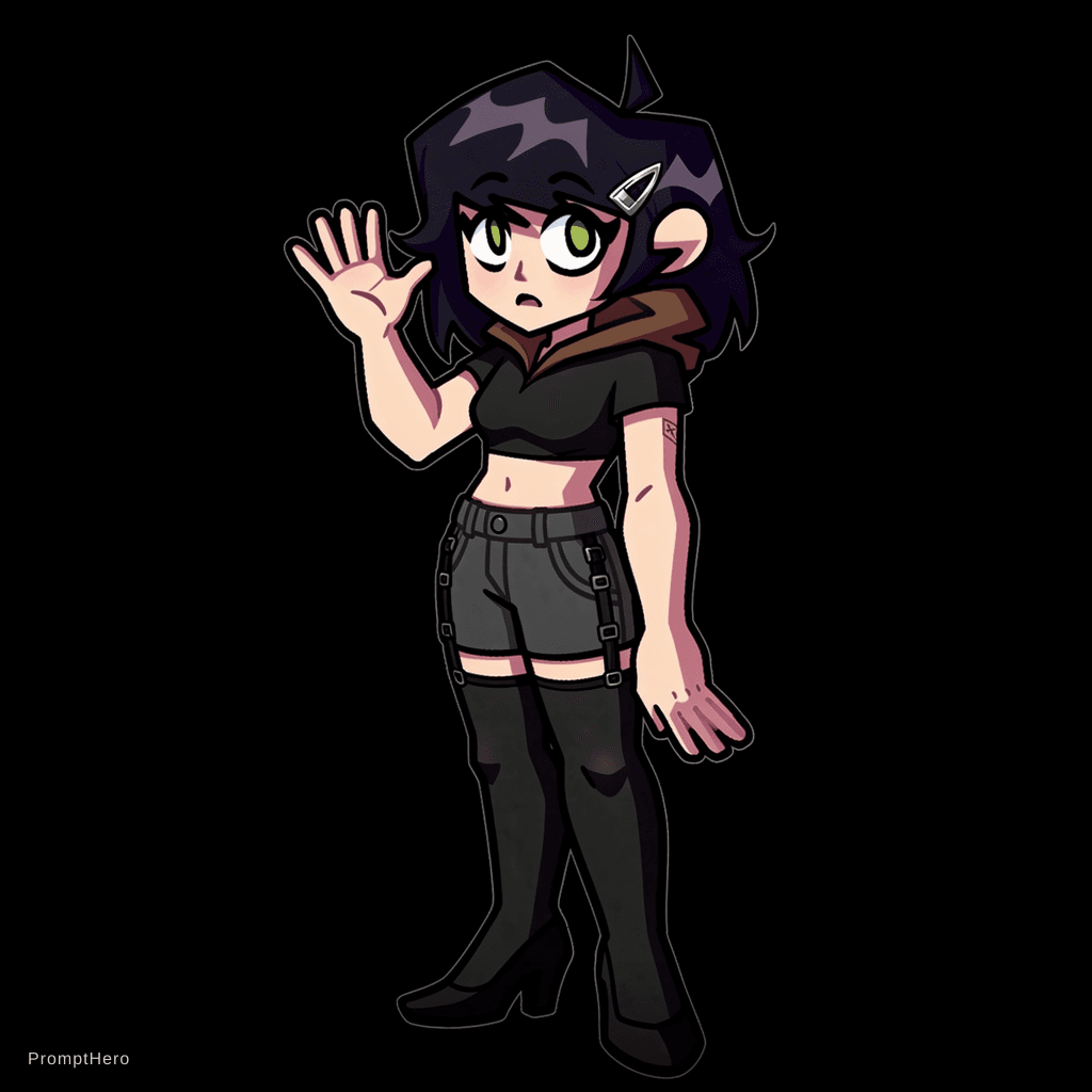 AI generated: Make A This Image To Wears Brown Hood Underneath Bikini Bra, black shorts with garters, and black st...