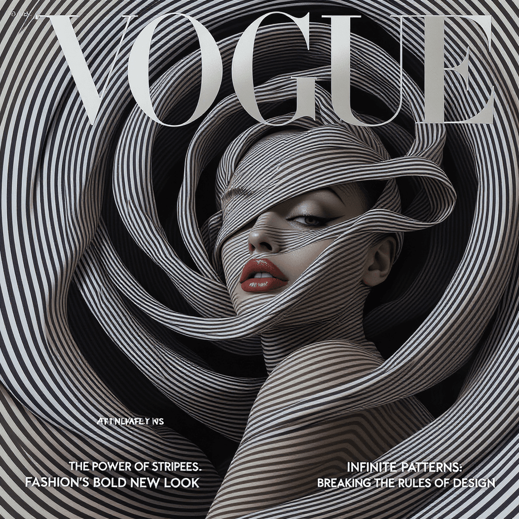 AI generated: VOGUE magazine cover featuring a mesmerizing woman wrapped in a swirling vortex of stripes. The line...