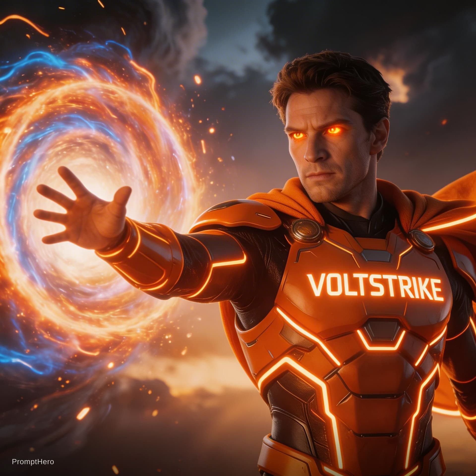 AI generated: Epic cinematic portrait of a heroic orange-armored warrior "VoltStrike", glowing eyes, intense deter...