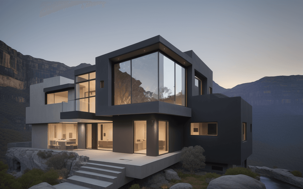 AI generated: modern house with structurally floating overhangs. house with glass windows and low stone walls, aus...