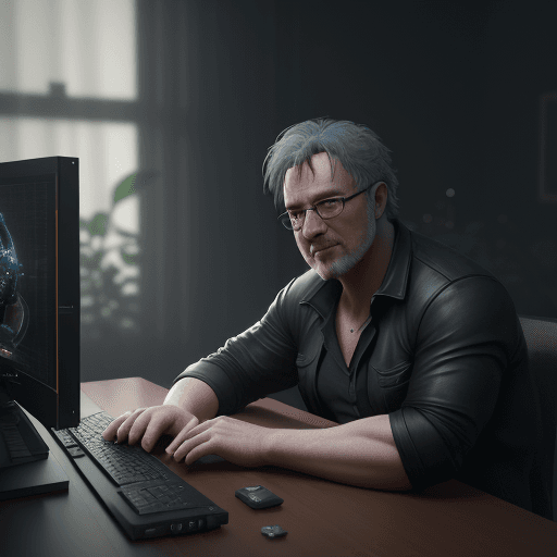 AI generated: photography of man ,computer on background ,realistic, unreal engine, octane render, bokeh, vray, ho...