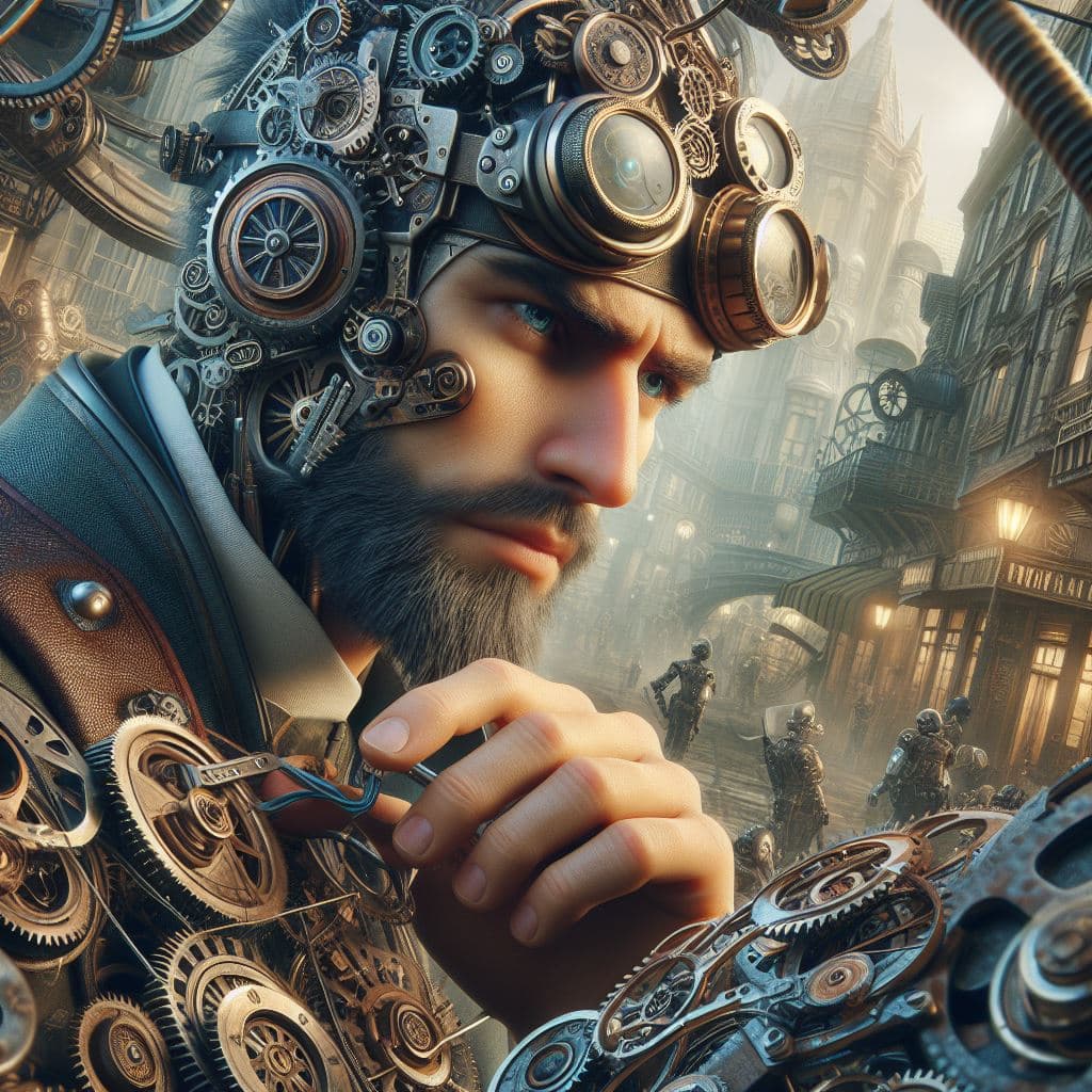 AI generated: In a bustling, steampunk-inspired city, Gearheart, a brilliant inventor, tinkers with intricate, clo...