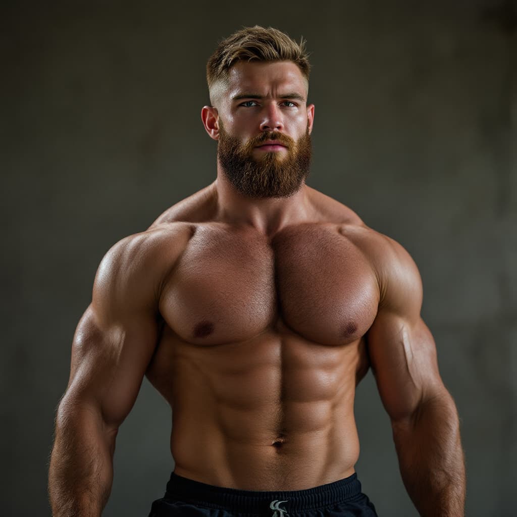 AI generated: naked male hunky rugby player, short beard, hairy chest