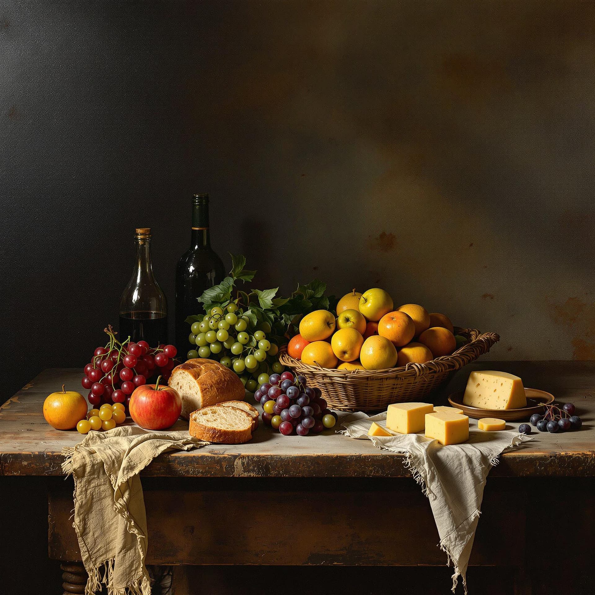 AI generated: A still live some large fruit and bread an empty wine bottle and some cheese on a very old kitchen t...