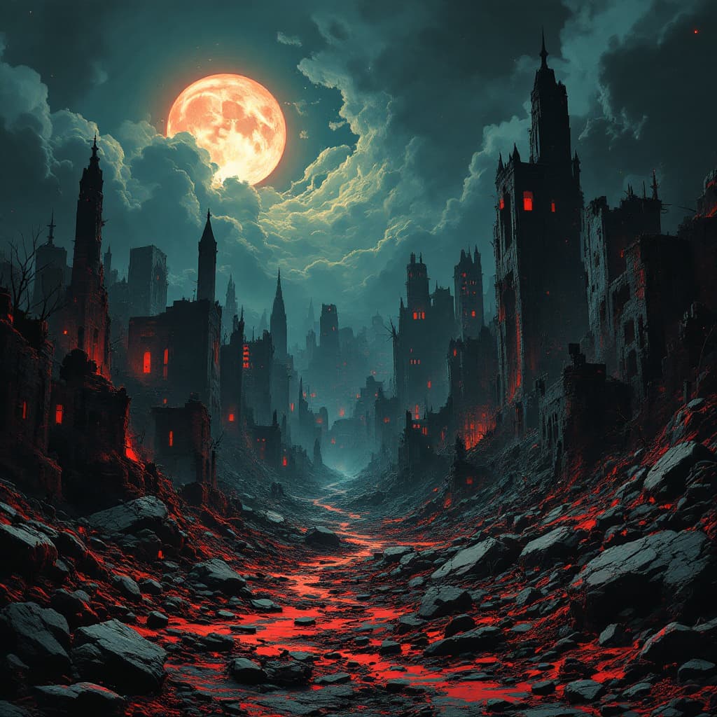 AI generated: ruins of a a destroyed futuristic city landscape. noir comic style, red accents, dark tones, sharp c...