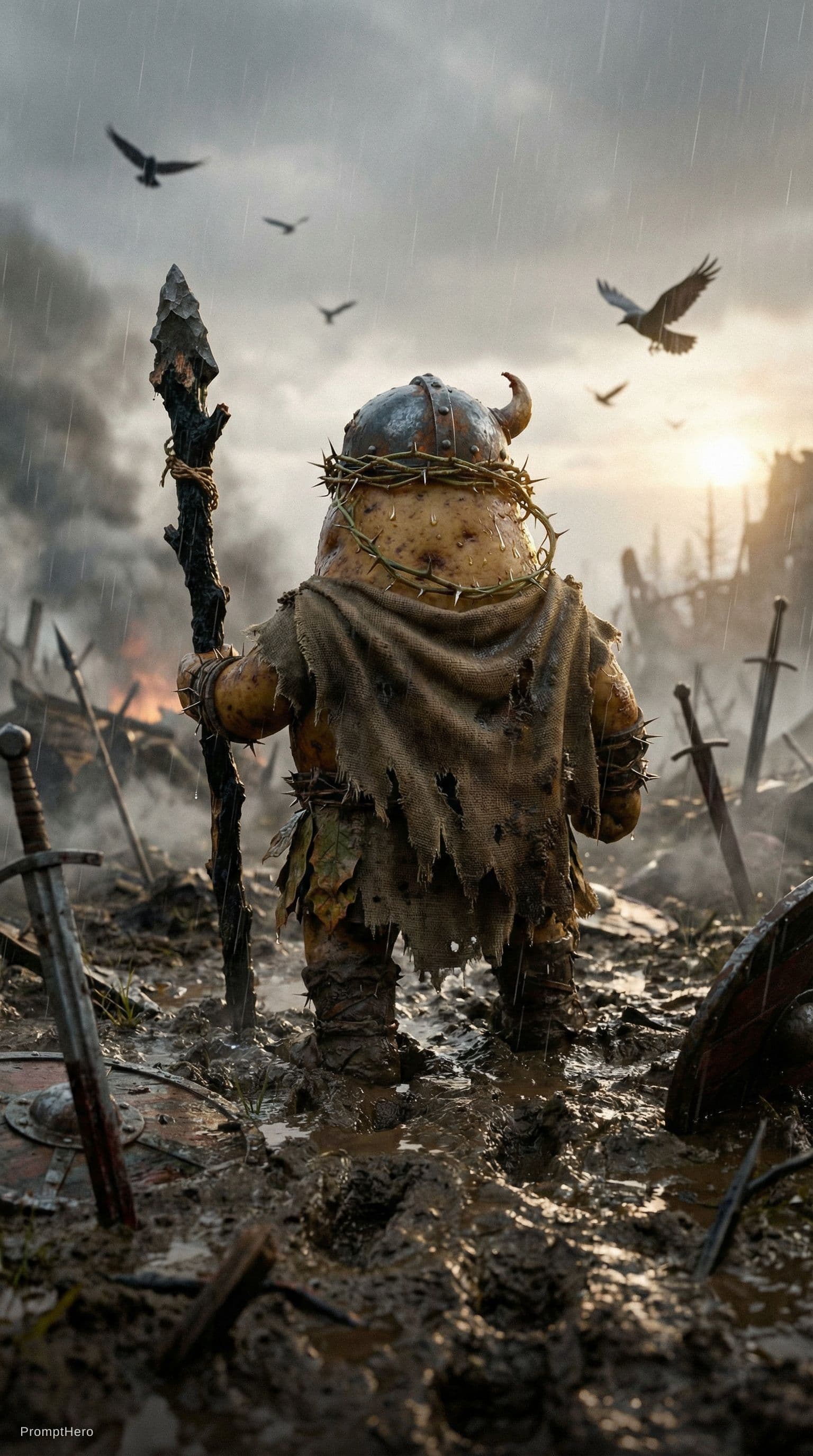 AI generated: Over shoulder cinematic shot from behind potato warrior walking through destroyed muddy battlefield,...