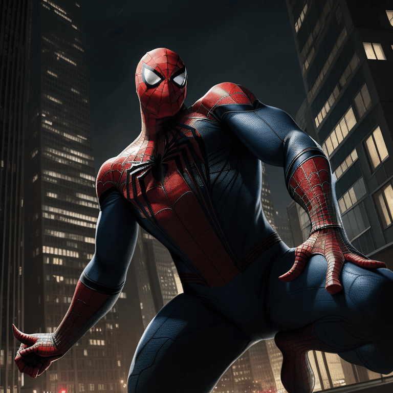 AI generated: Spiderman with half hulk costume, reddish eyes, urban avenue, modernist buildings from the year 1900...