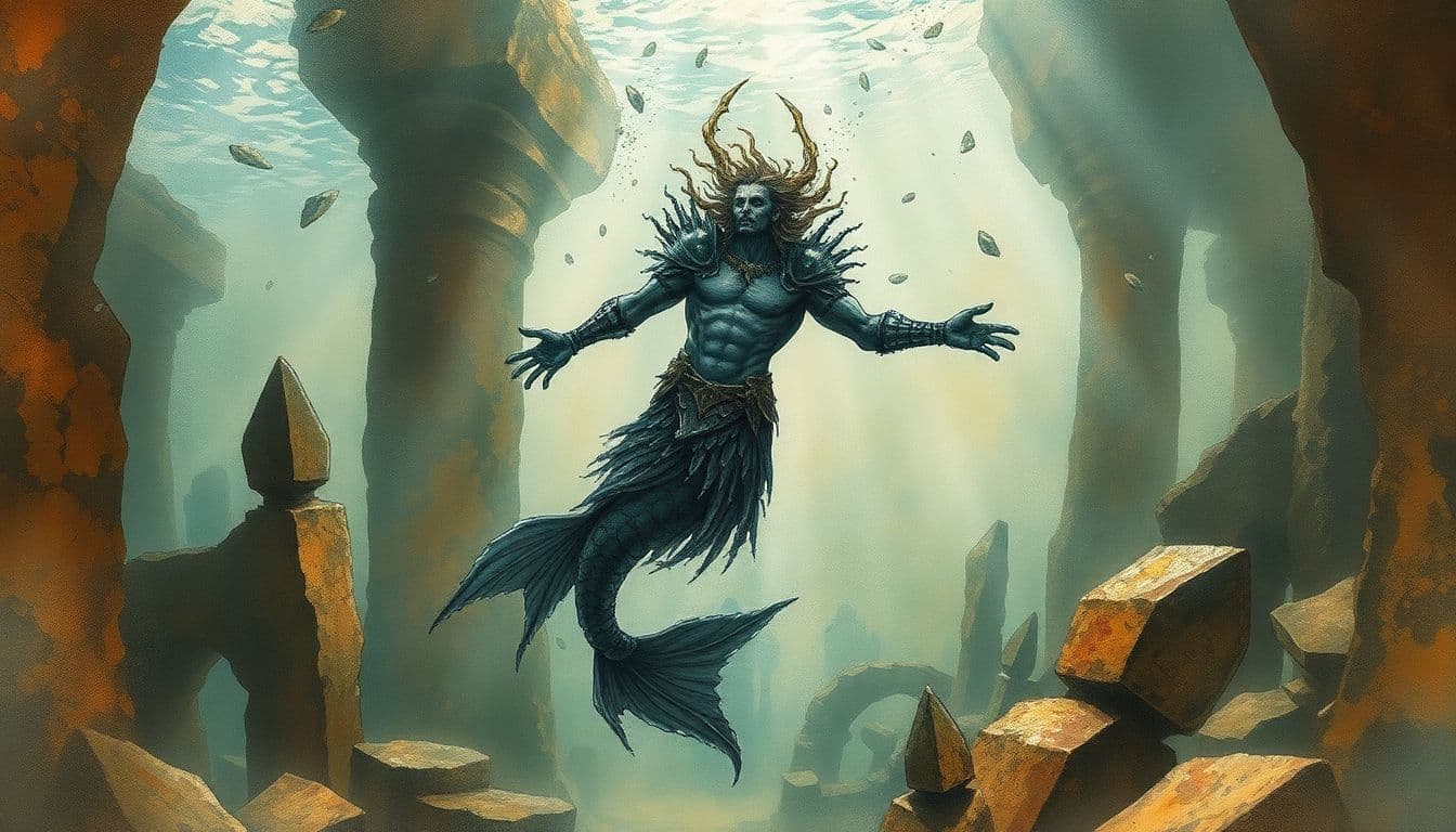 AI generated: Image is a cinematic, moody watercolor ink wash illustration featuring, underwater, verdigris, The o...