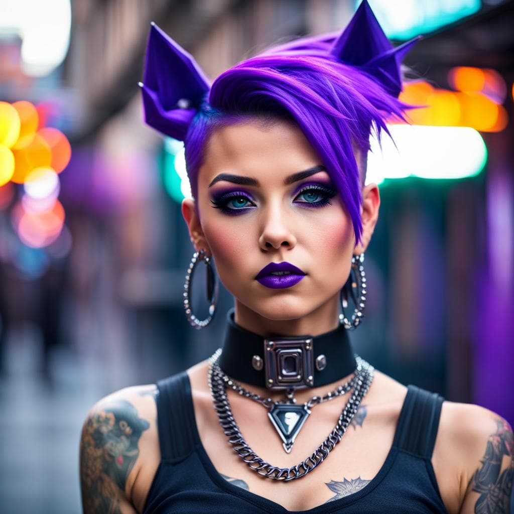 AI generated: street woman, cybergoth, punk, beautiful, purple, girl, spiked choker, cute, tattoos, sweet, adorabl...