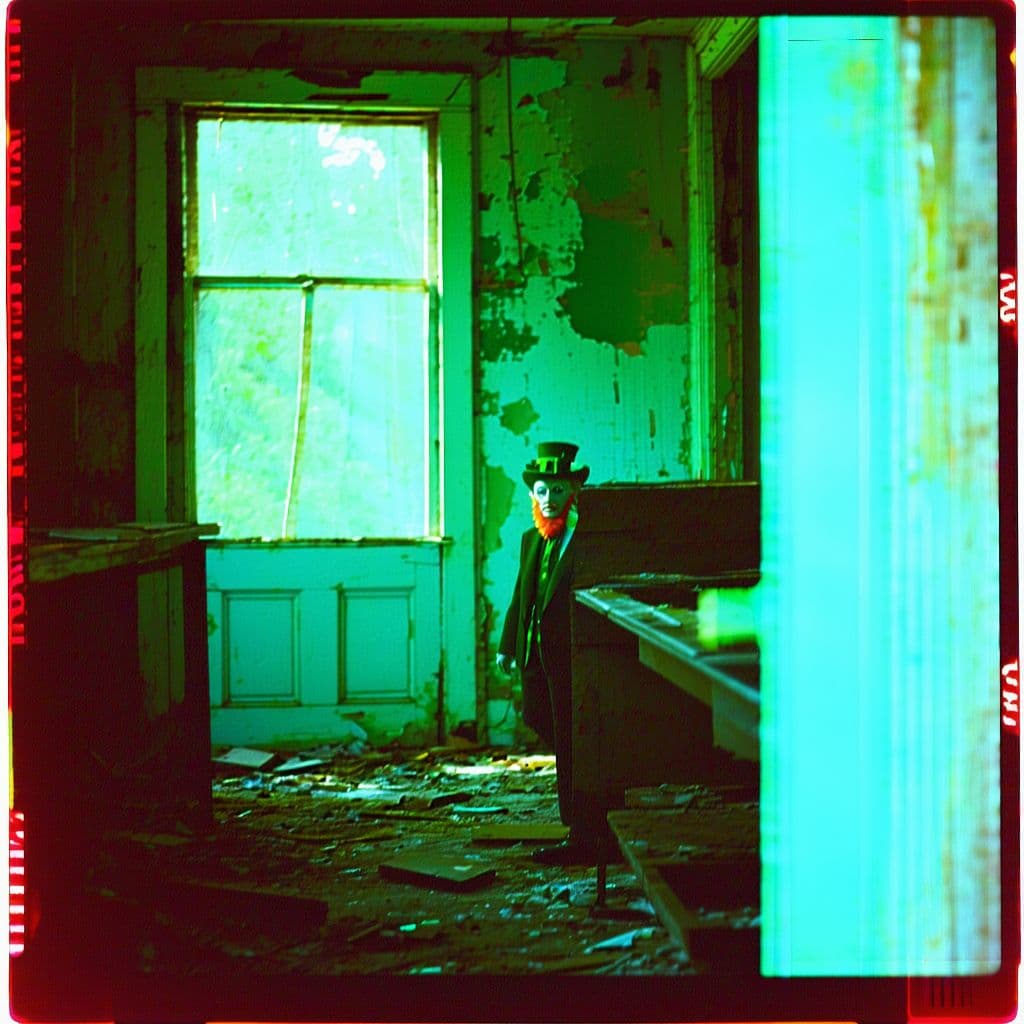 AI generated: grainy 80's photograph quality polaroid of a leprechaun caught in an abandoned house, dark, uncanny,...