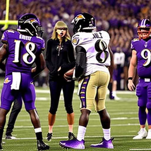 AI generated: Taylor Swift whispering to Baltimore Ravens quarterback Lamar Jackson, he has cornrows, he is wearin...