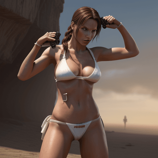 AI generated: Laura Croft depicted from playstion wearing white little string bikini arms extended together with p...