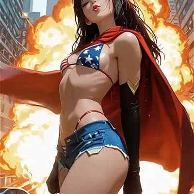 AI generated video: With the explosion roaring behind her and her cape blowing in the wind, the woman blows a kiss at th...
