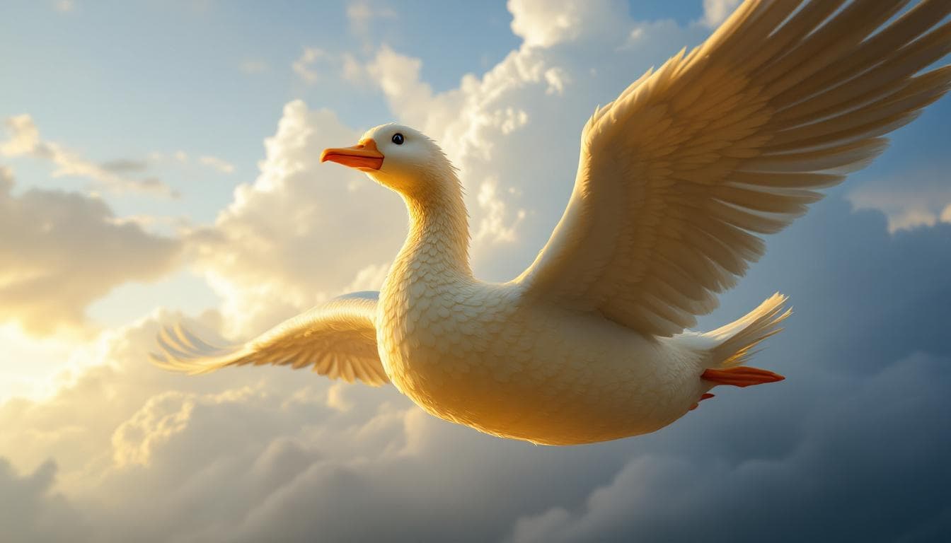 AI generated: A giant duck with very beautiful feathers is flying through the skies.
