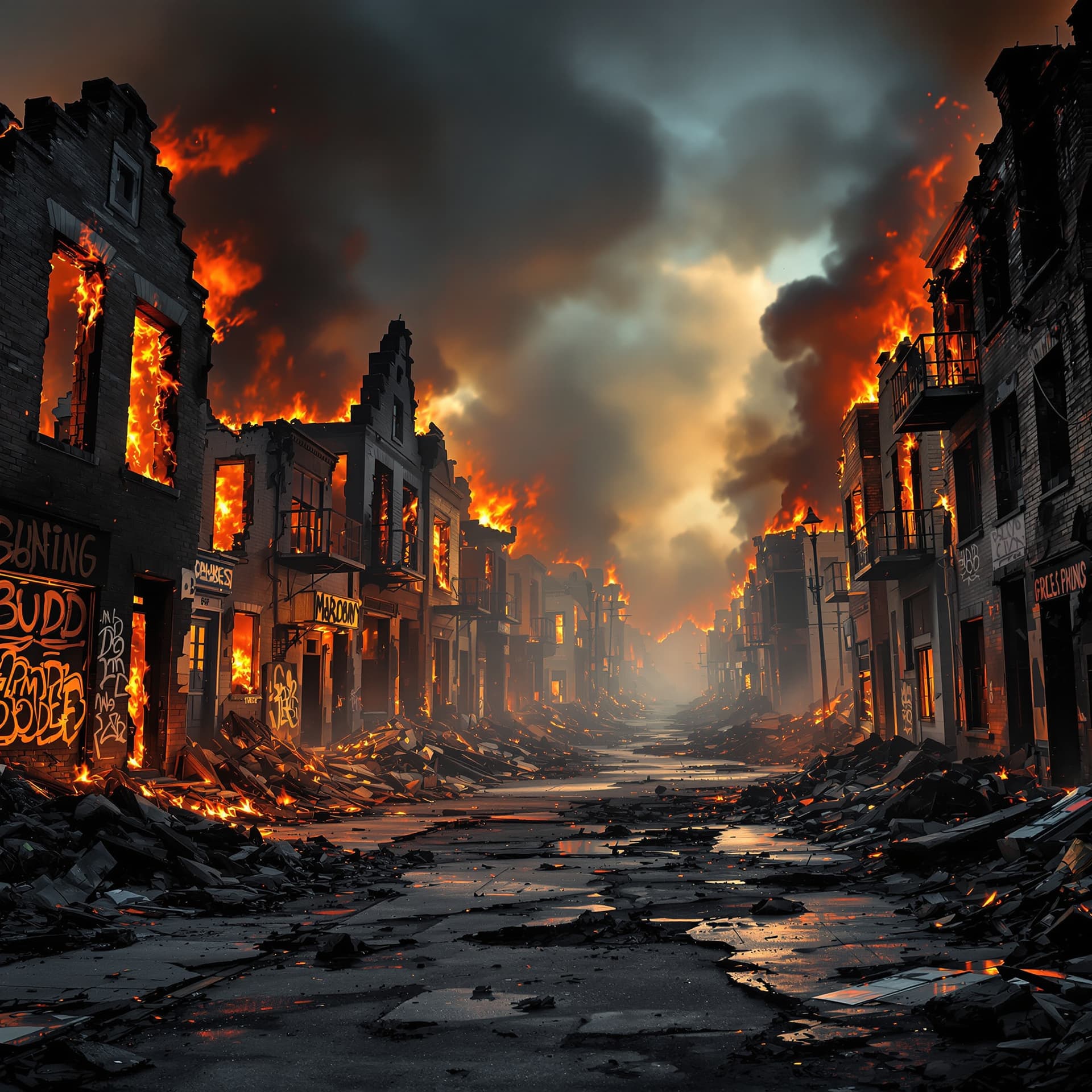 AI generated: front view of a hip hop urban neighborhood destroyed with walls missing, graffiti THE BUILDINGs are ...