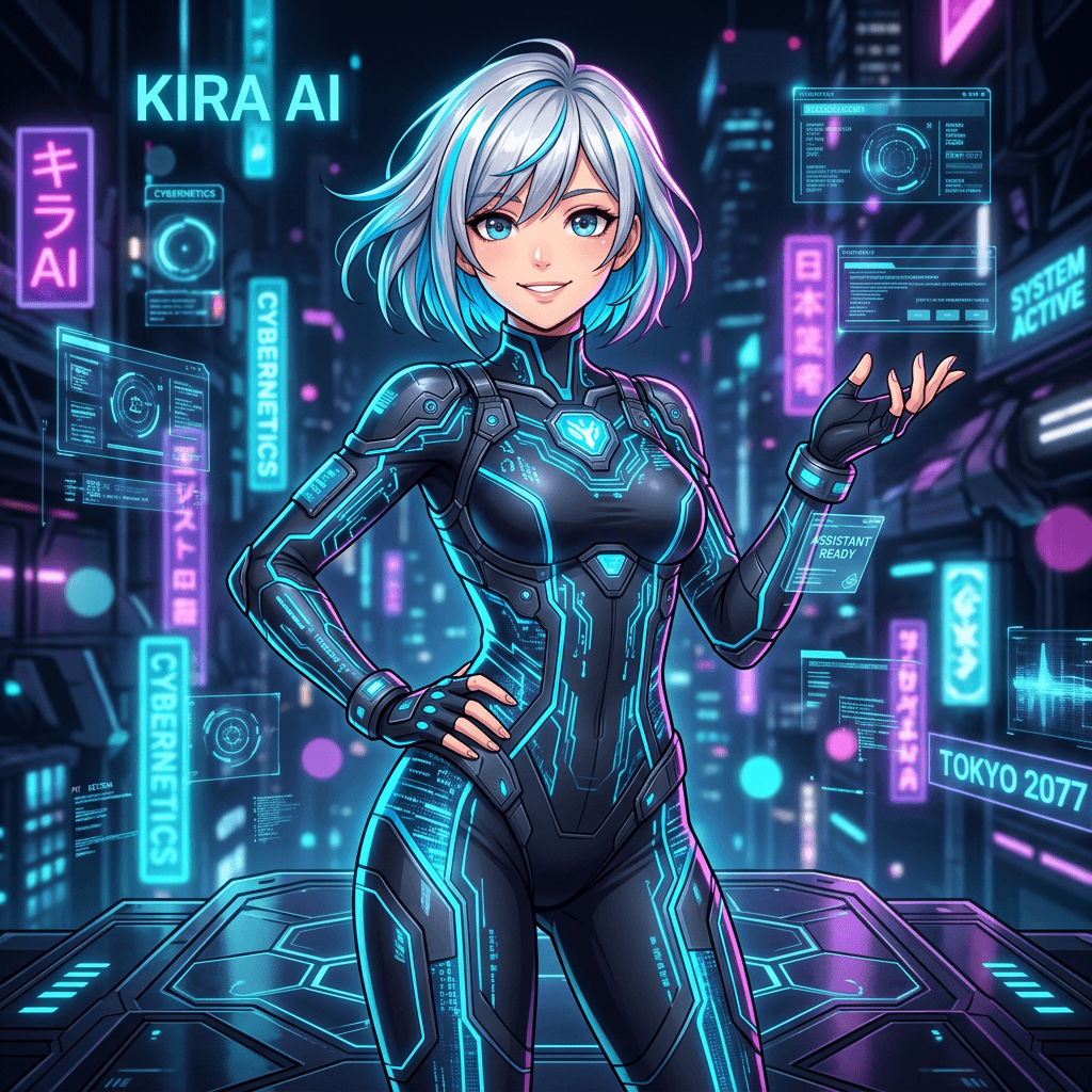 AI generated:  "Anime-style female AI assistant 'Kira', short silver/white hair with cyan highlights, warm confide...