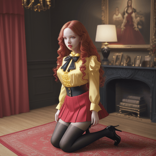 AI generated: stockings, high heel shoes,young girl. kneeling long wavy red hair, yellow blouse, bow blouse, high ...