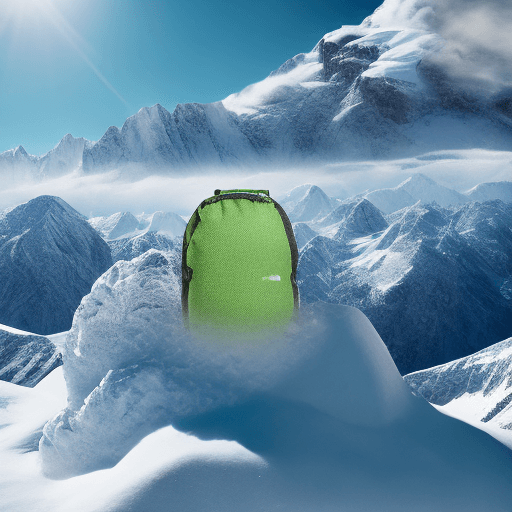 AI generated: A bean green The North Face down jacket, flying in the sky above the snow-capped mountains. Product ...