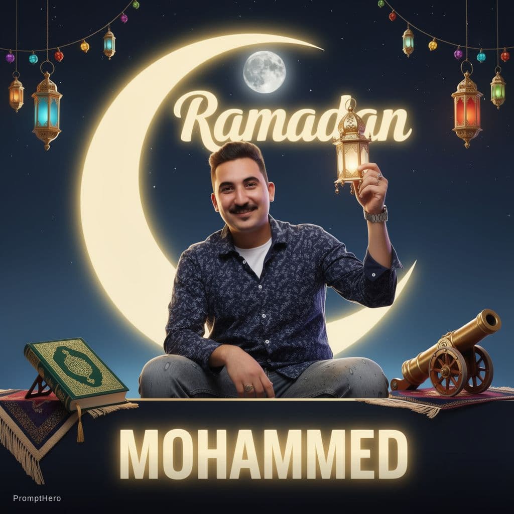 AI generated: Mohammed face a featuring a realistic character of a (young man) , sitting casually, with a large cr...