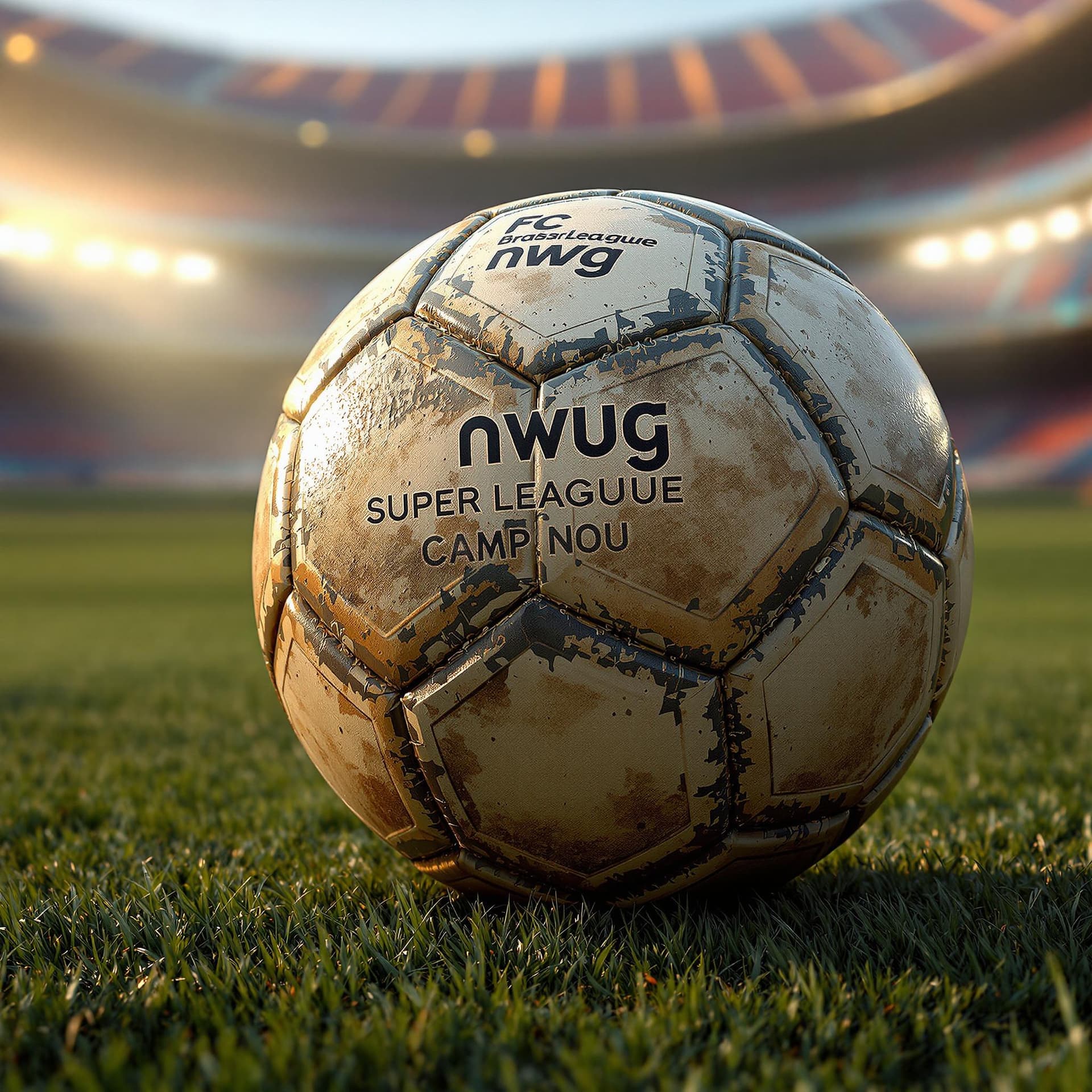 AI generated: detailed cinematic presentation of an old and dusty detailed soccer ball on a soccer stadium very si...