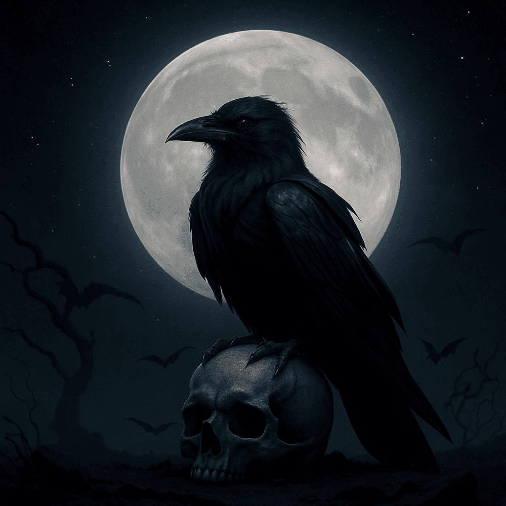 AI generated: A sinister witch’s black raven perched on a skull, glowing in the moonlight behind it.