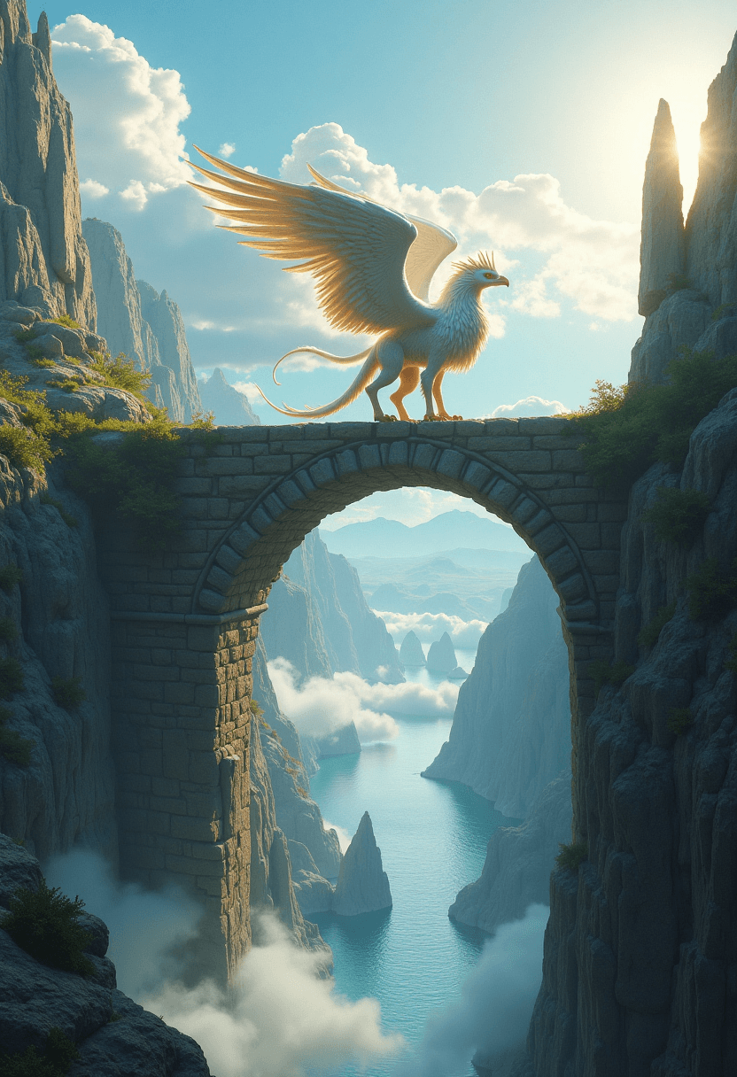 AI generated: An ancient griffin standing on a stone bridge over a chasm filled with mist and floating islands. Su...