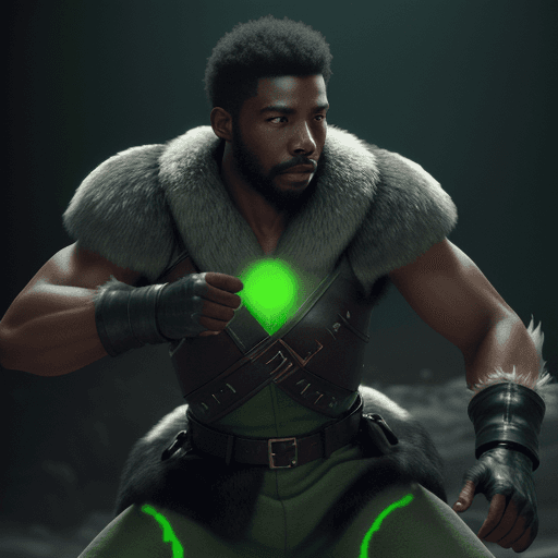 AI generated: five black male soldiers wearing wolf pelts fight with green glowing magic, hyper-realism, high deta...