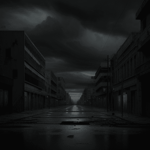 AI generated: close up, deserted street of a city, post apocaliptic, dark clouds, psicological, dark atmosphere, d...