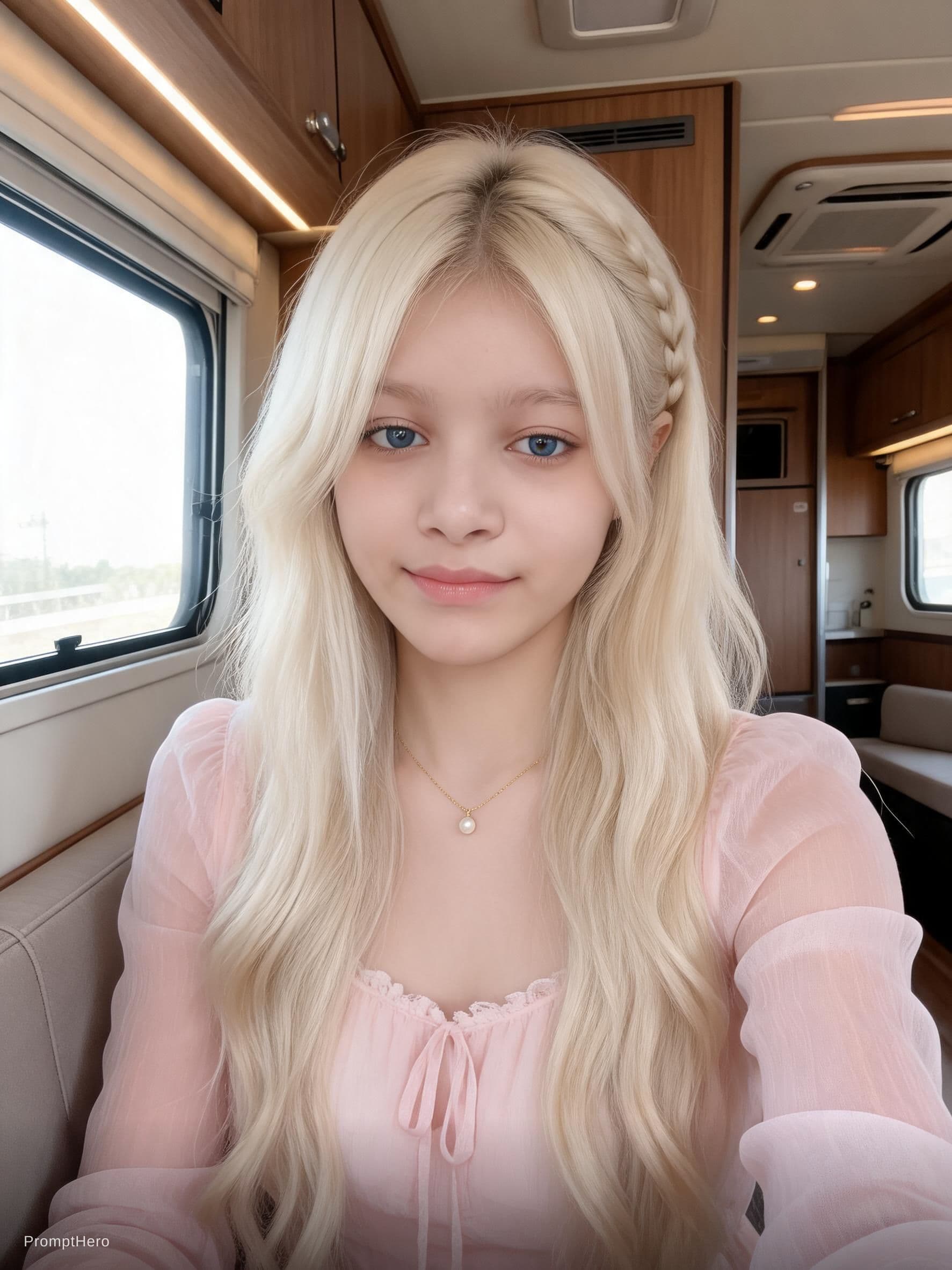 AI generated: A beautiful young woman with long straight platinum blonde hair, one side styled in a loose braid, b...