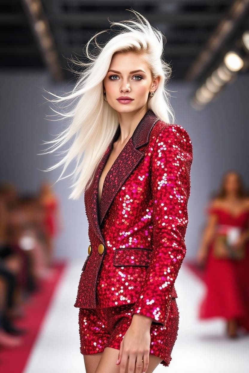 AI generated: "High-fashion catwalk runway photograph, Sony A1 50.1 MB camera, 120mm lens, full-hight vertical por...