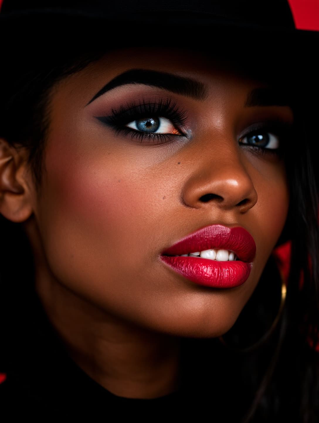 AI generated: The image is a close-up portrait focusing on the face of a woman, wearing a black hat. The person's ...