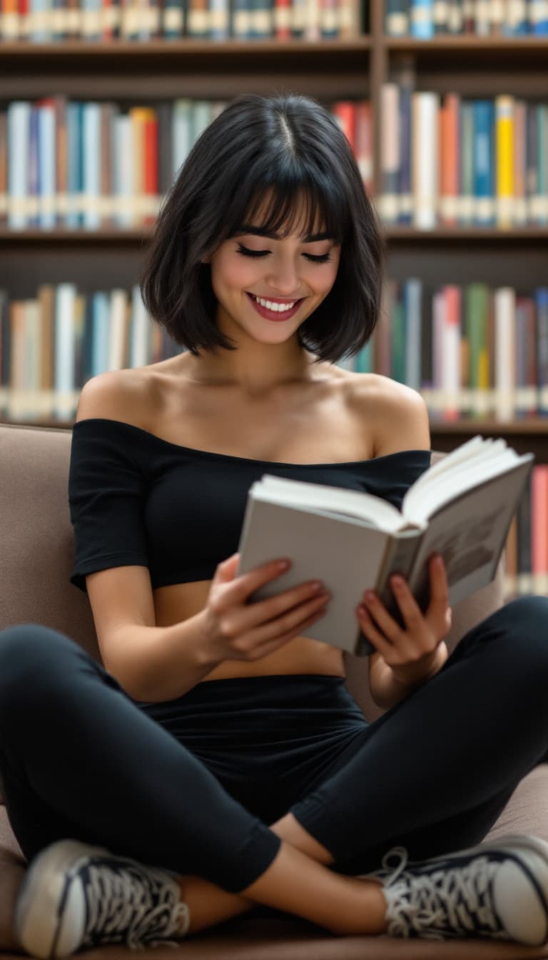 AI generated: women,thick eyebrows, short black hair with very long bangs, wearing a black off the shoulder top, y...