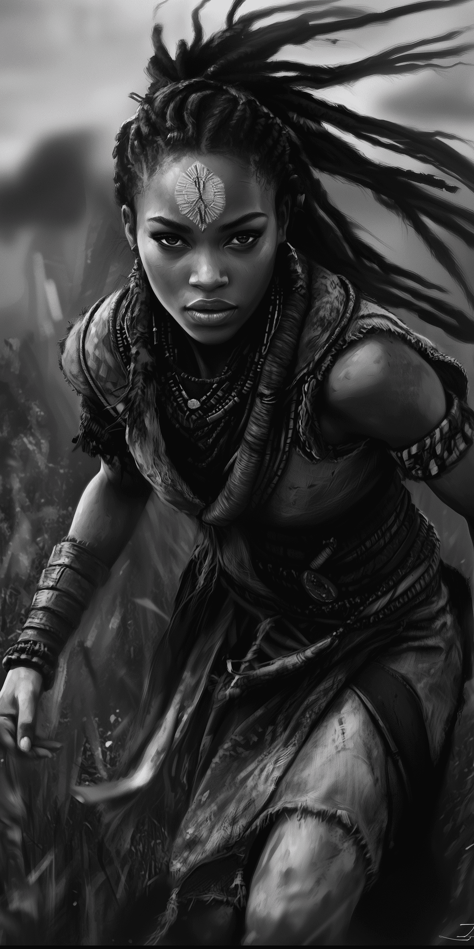 AI generated: A black and white digital painting of an African warrior woman with dreadlocks, wearing traditional ...