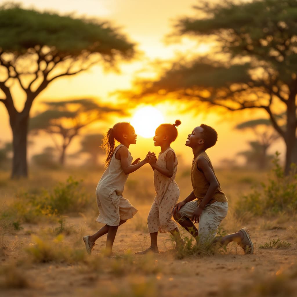 AI generated: I need a 4k image of african boys and girls playing in a savannah  environmental setting with smiley...