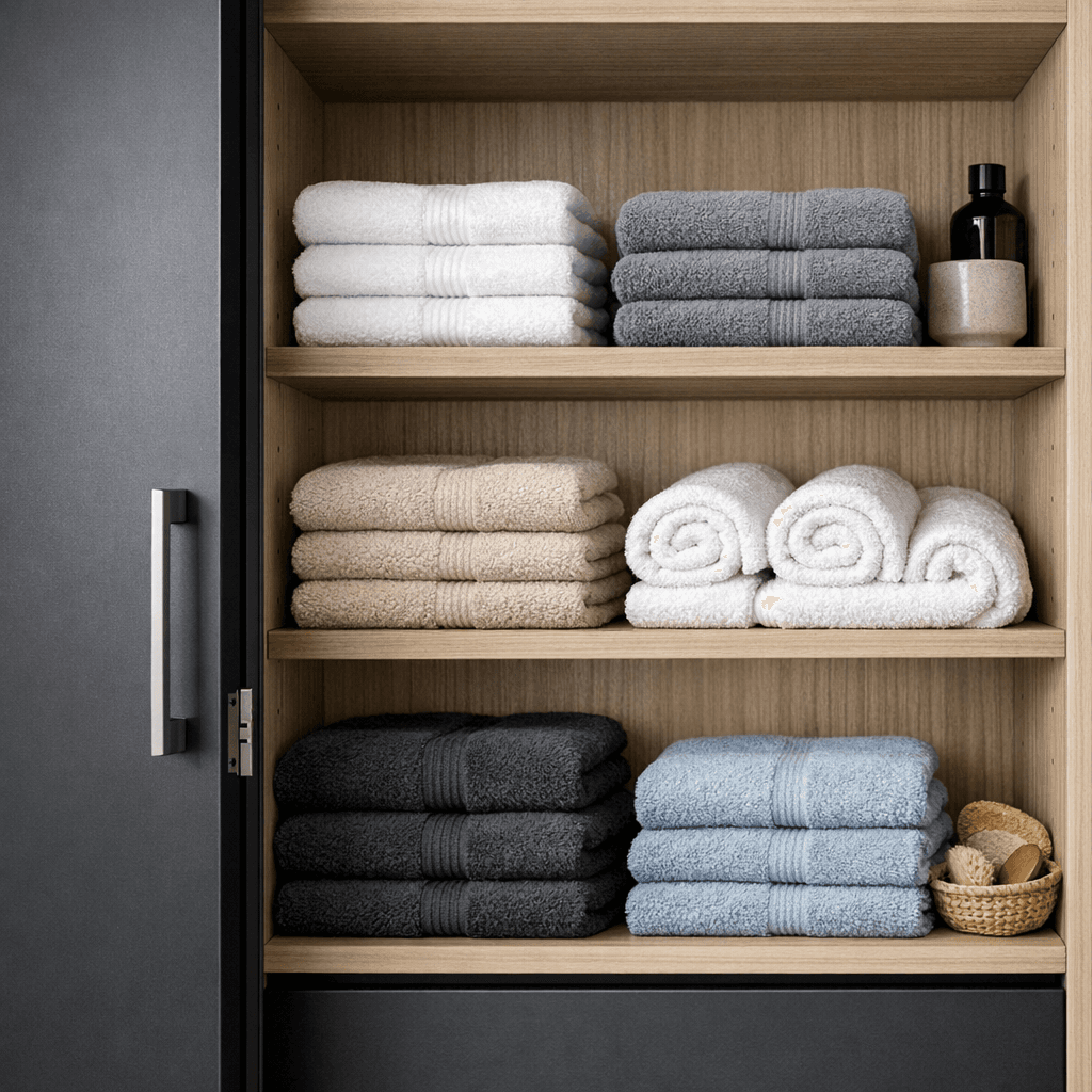 AI generated: take a picture of towels lying in a modern cupboard