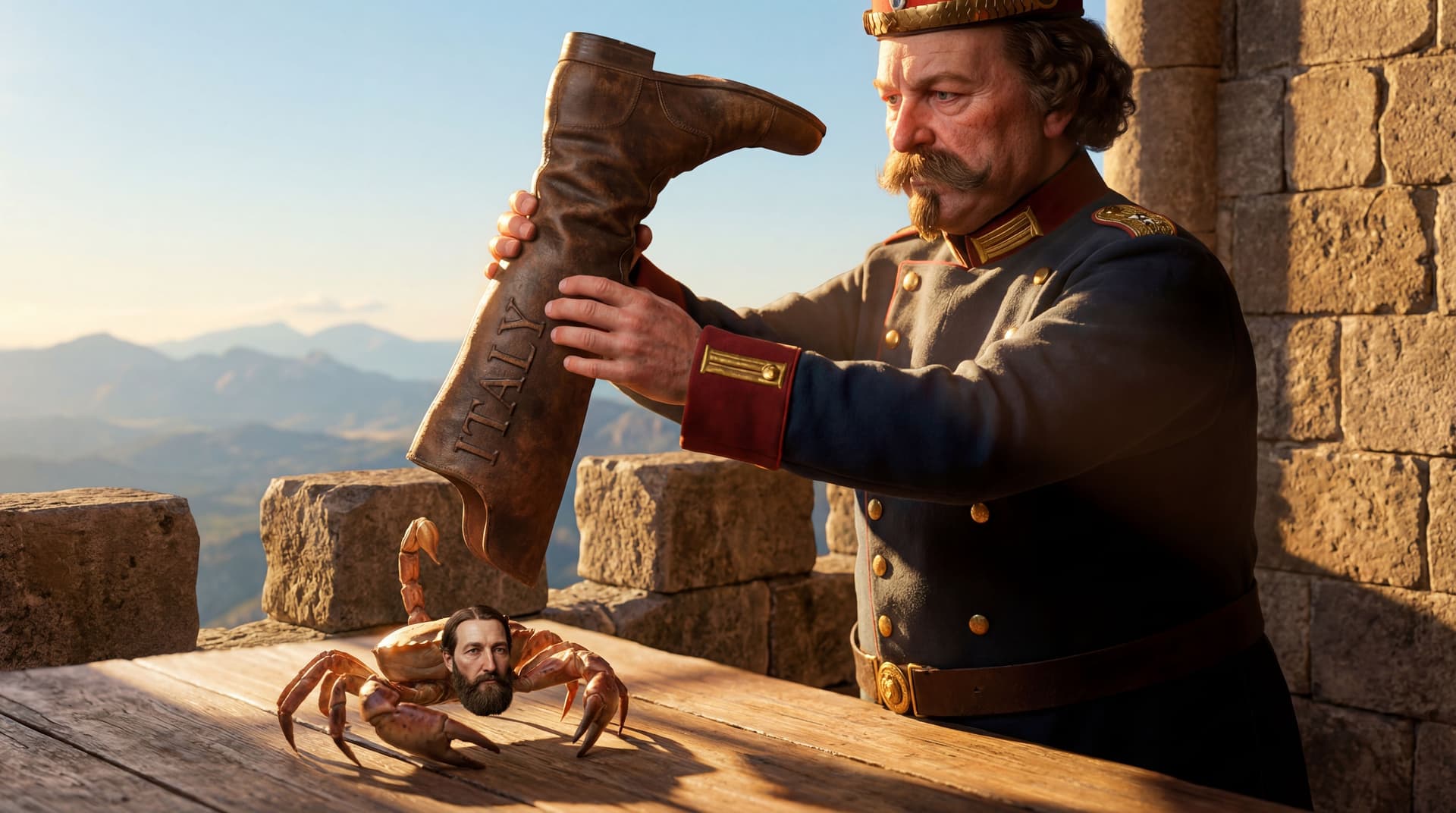 AI generated: he should hold the boot from a vintage balcony made of stone blocks. For the scorpion human face are...
