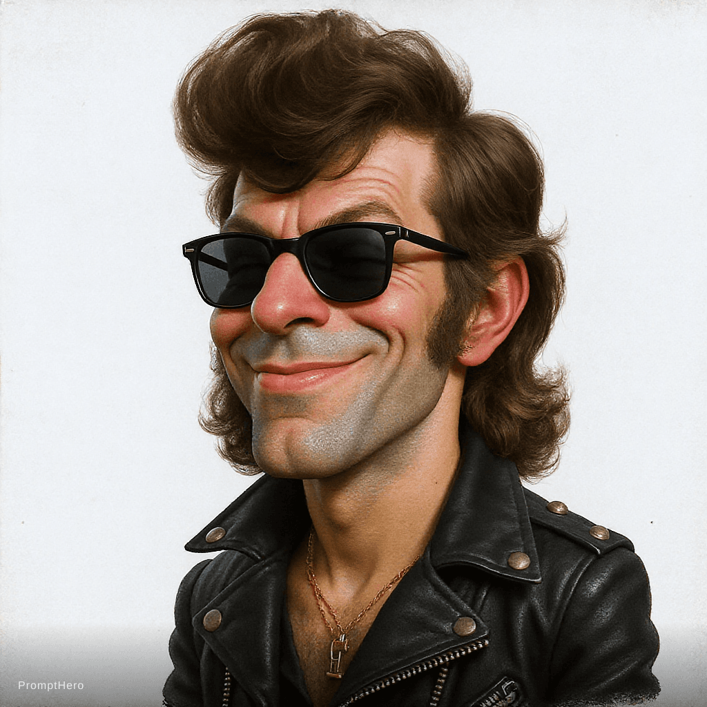 AI generated: A caricature of a 60s rocker with a rocker haircut, sunglasses and a smirk on his face. Dressed in a...