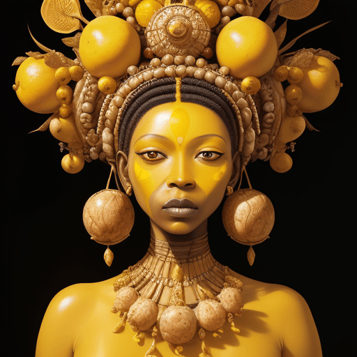 AI generated: a mural of woman on a yellow wall with fruit on her head, in the style of ingrid baars, 32k uhd, ben...