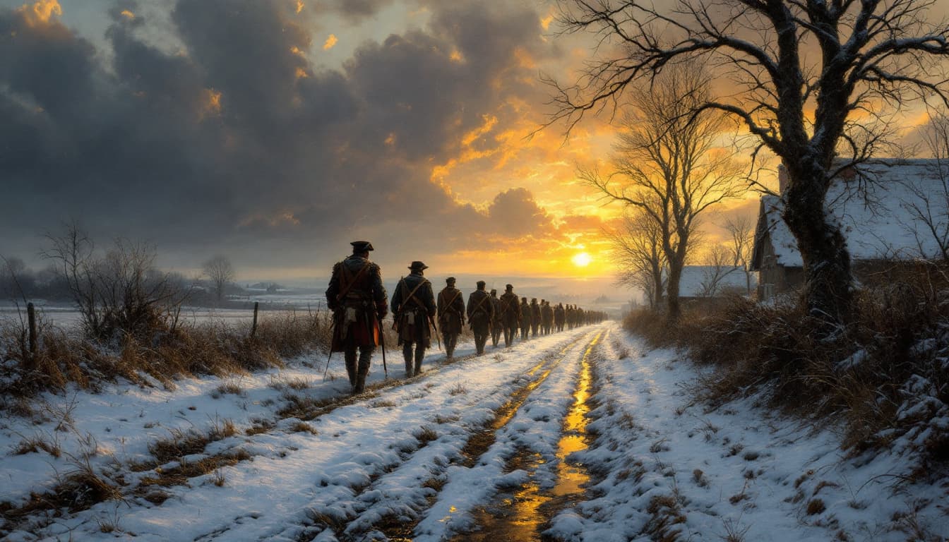 AI generated: rural winter scene, snow, (800 yards away) a small group of weary Napoleonic foot soldiers coming ho...