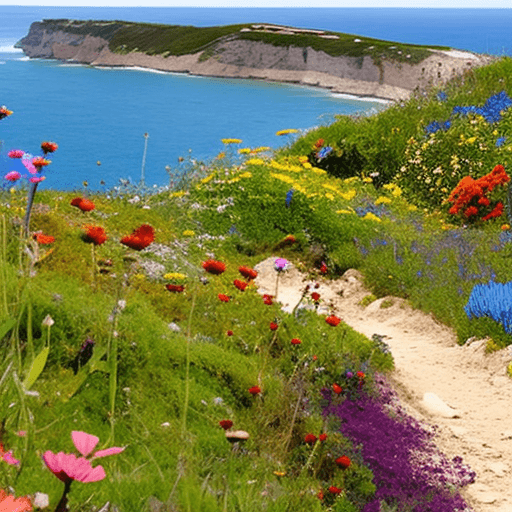 AI generated: cliff top wild flower garden overlooking the sea, with rough dirt path