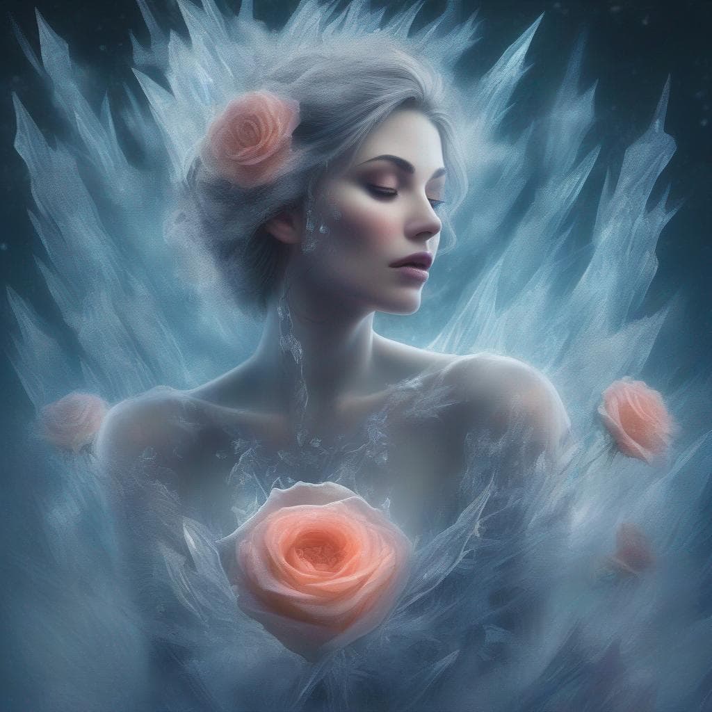AI generated: A woman embedded in an ice crystal. Roses. Ethereal and hauntingly beautiful. bioluminescent.  Fire ...