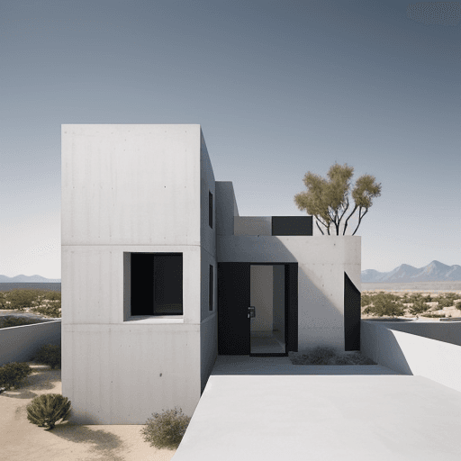 AI generated: Generate a photorealistic image of a minimalist multi-story house . The house should feature a squar...