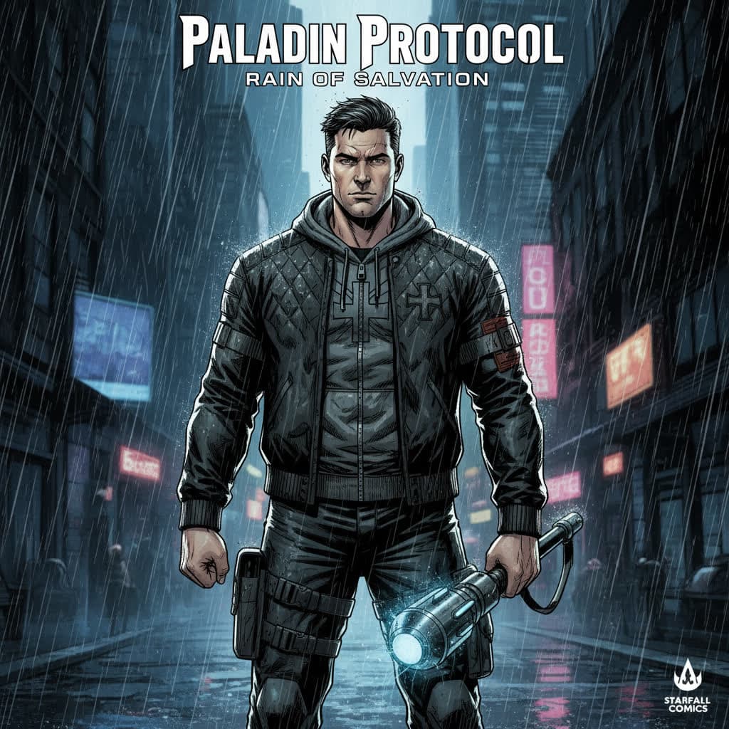 AI generated: modern paladin paramedic hero, athletic male, bomber jacket with cross-quilted panels, kevlar hoodie...