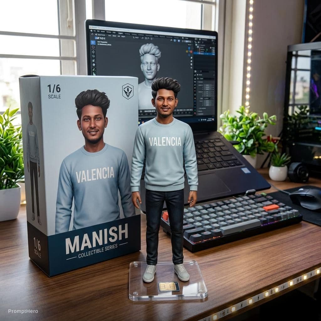 AI generated: Transforming the photographed person into a realistic 3D figurine in front of a computer desk. The c...