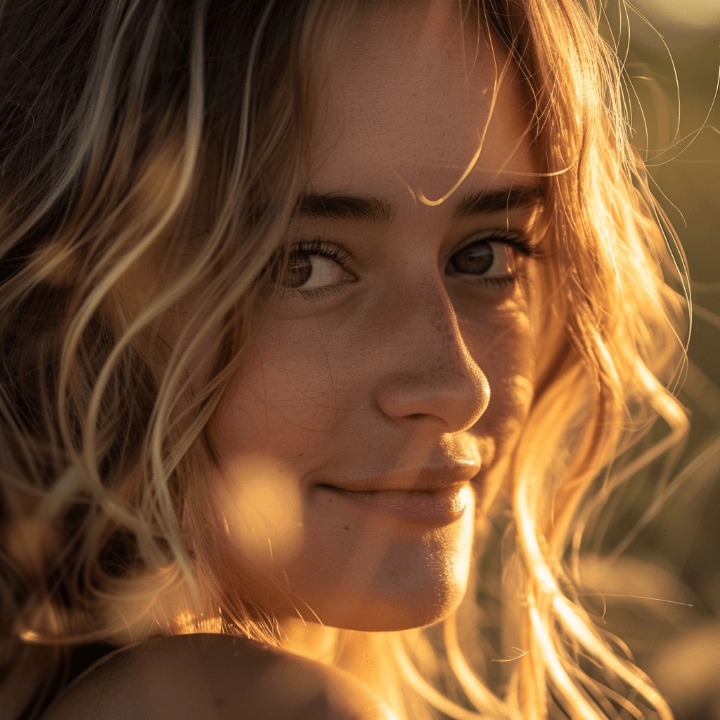 AI generated: a close up side portrait of blond woman, the golden evening sunlight playing in her hair, looking at...