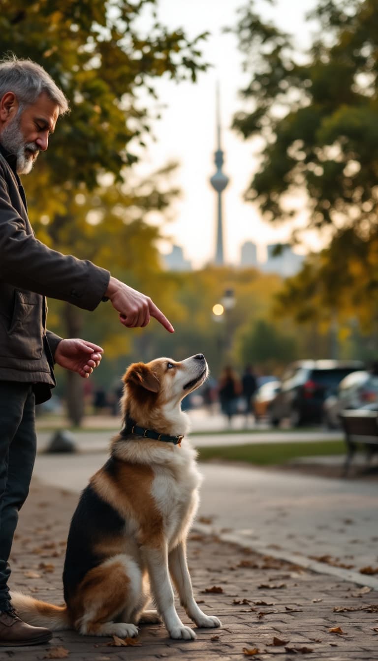 AI generated: A man is commanding his dog to sit in a park in Tehran. He extends his hand with his index finger po...