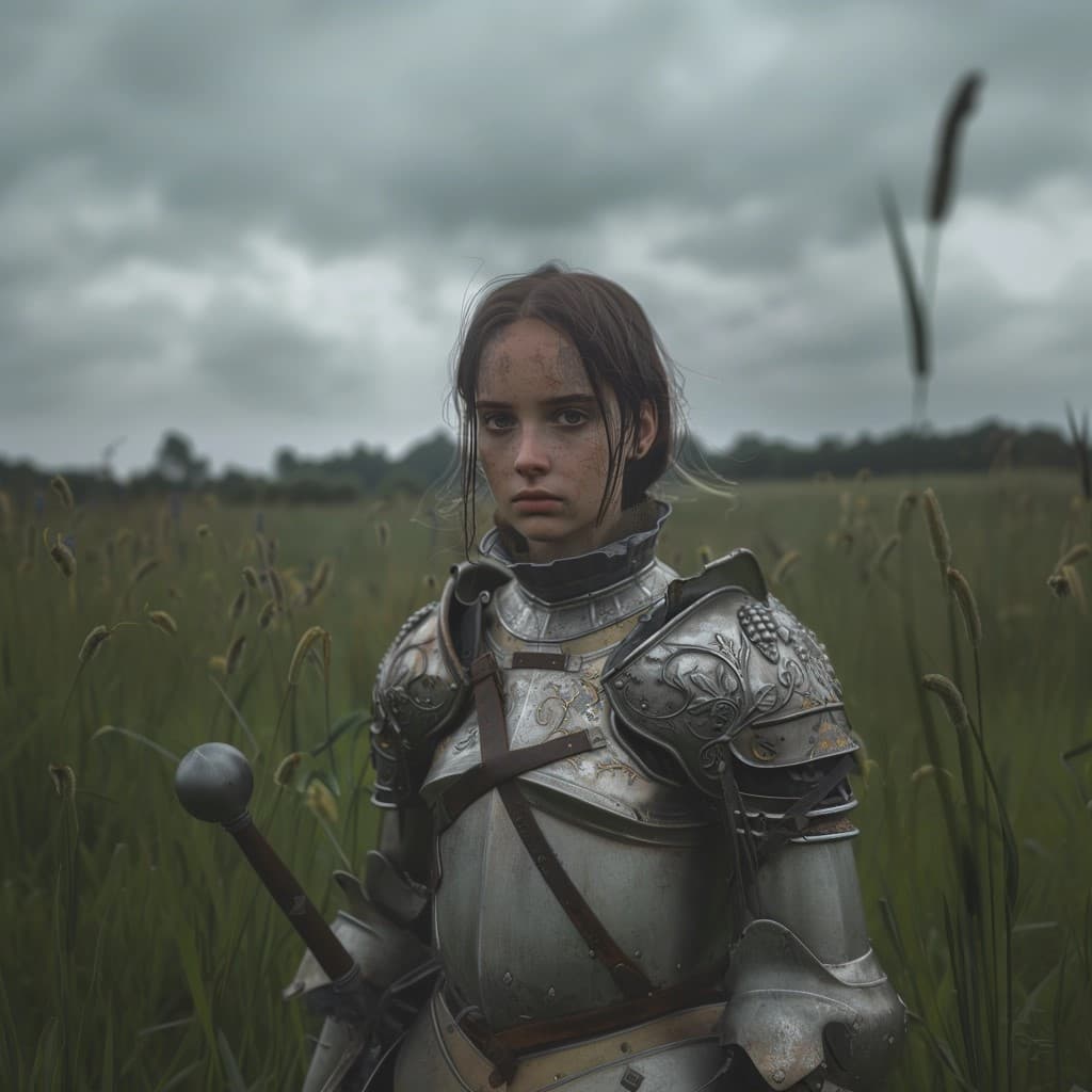AI generated: 
Photo of a girl in medieval armor, subtle metal reflections, upper body, outdoors, field, overcast...