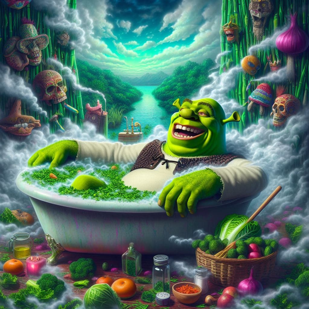 AI generated: Shrek bathing in a tub of lettuce with turbolences, humour, alluviation, cigar smoking, colours