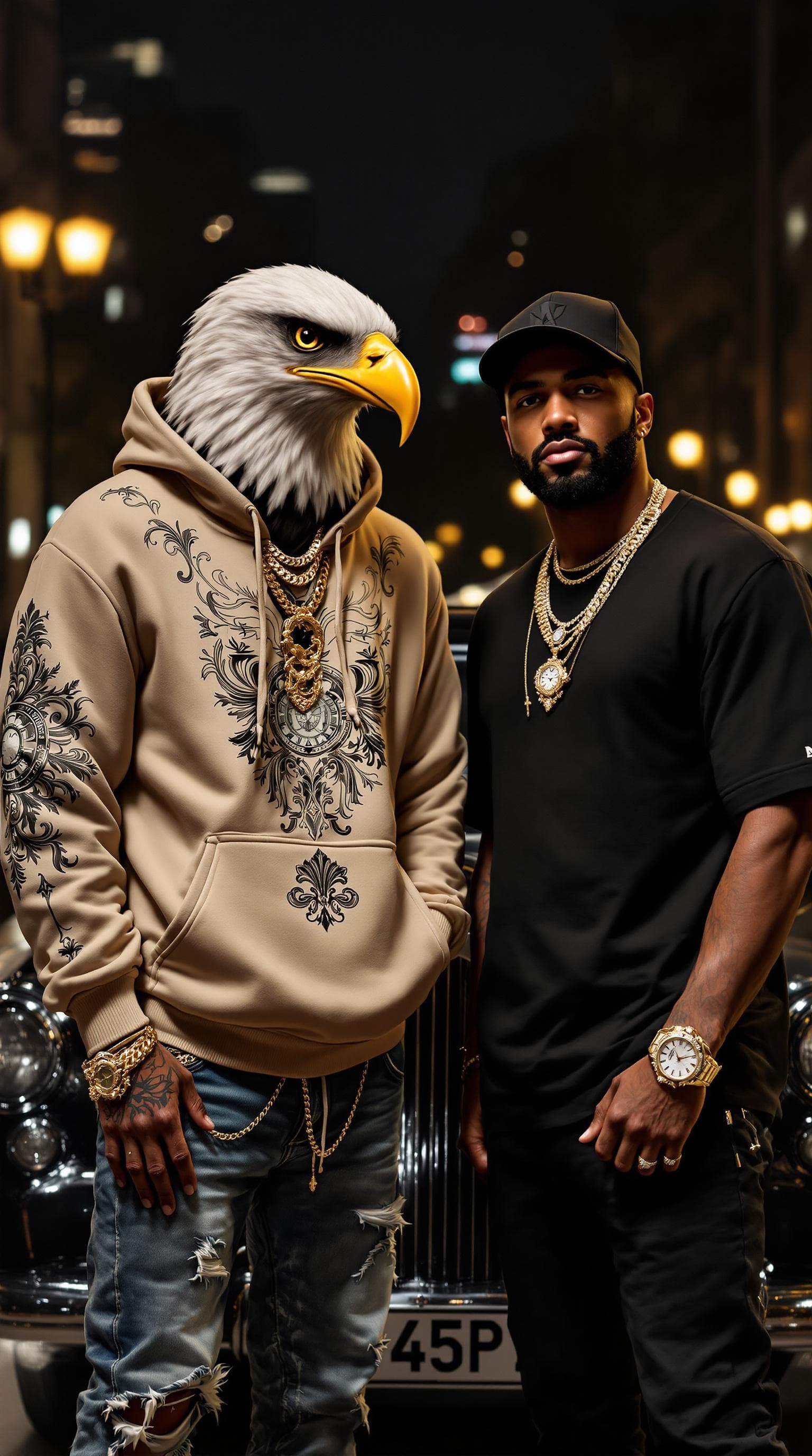 AI generated: Two men with the style of wealthy heist masterminds, dressed in luxury streetwear. One has the head ...