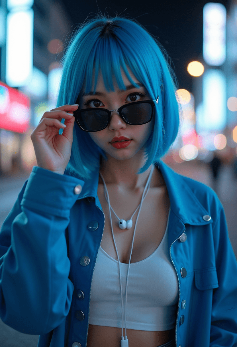 AI generated: close-up, photograph of, an Asian woman, with straight short bright blue hair with bangs and an unbu...